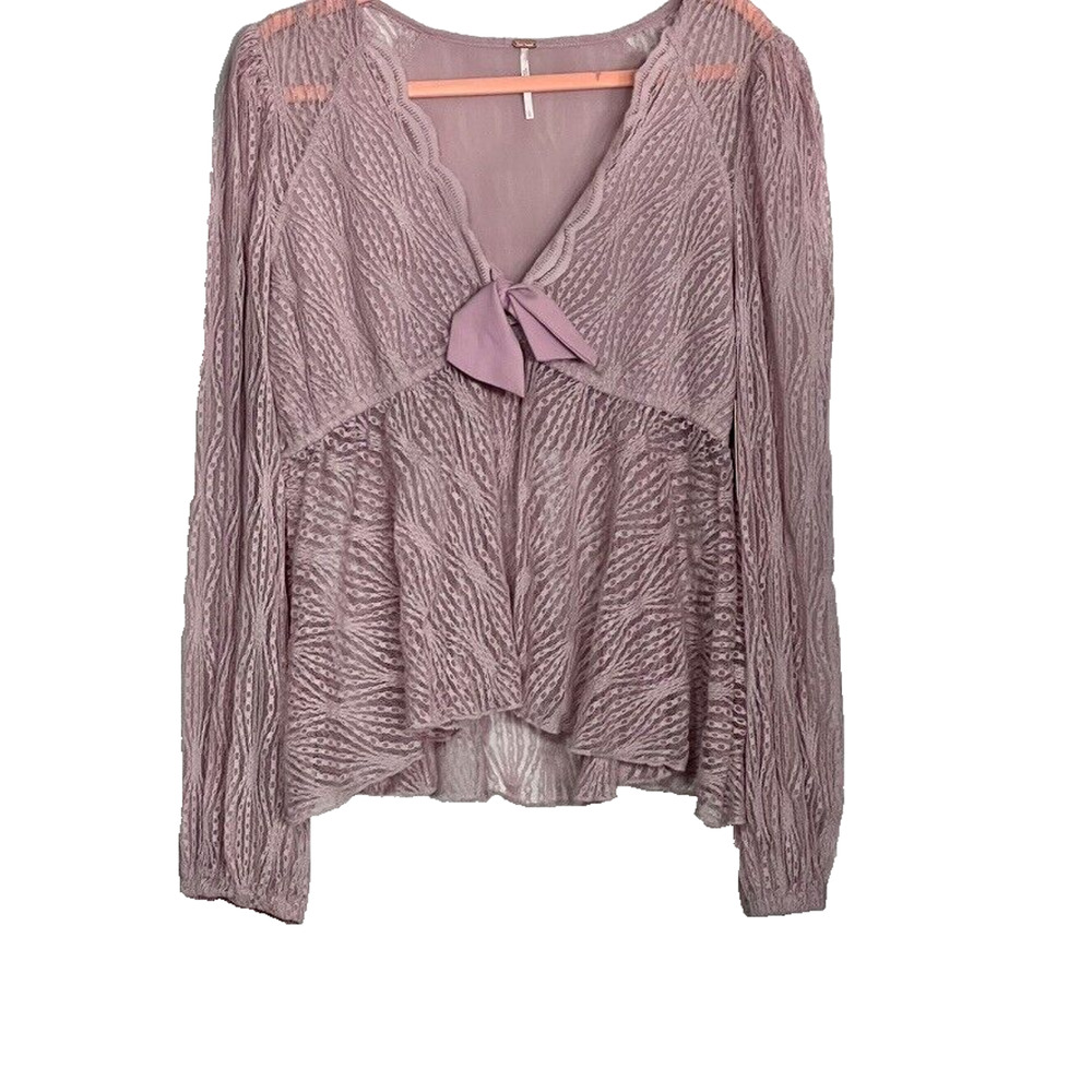Free People Top L Luisa Mystic Lavender Lace Long Sleeve Babydoll Scalloped Trim